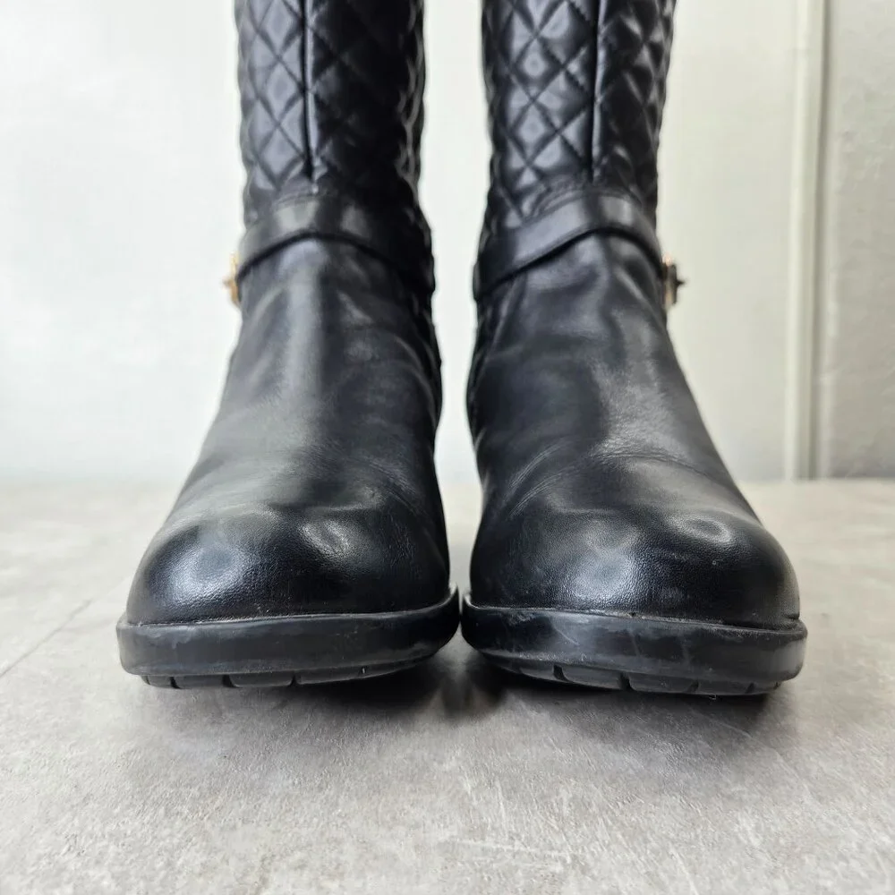 Knee High Equestrian Boots 9.5‎ Black Leather Quilted Tall Buckle Western Riding